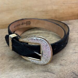 Vintage Mens Justin Genuine Ostrich Black Belt With Silver plated buckle size 42